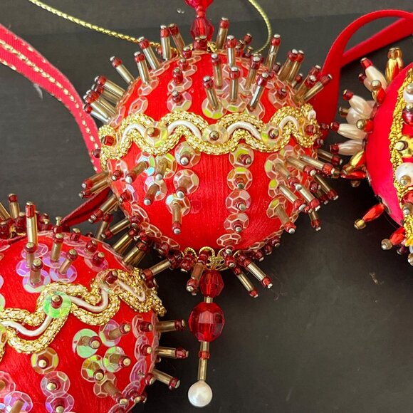 Vintage Beaded Satin Ball Ornaments // Set of 4 Handmade Gold Trimmed Push Pin - Picture 3 of 5